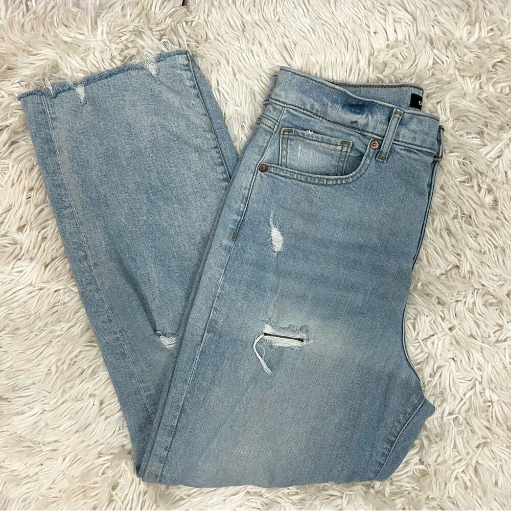 Express Modern Straight Super High Waist Raw Hem Distressed Blue Jeans Size 8/S